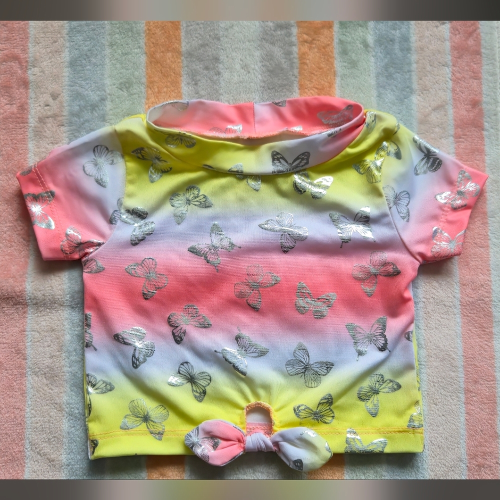 24m Pink and Yellow Butterfly Crop Rash Guard Swim Shirt